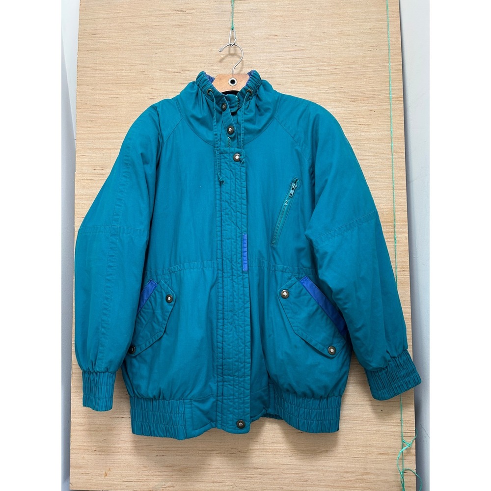 Vintage London Fog Teal Blue Puffer Jacket Geometric Lining Mens Medium Regular